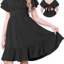 Durio Girls Summer Short Sleeve Dress Tie Back Off Shoulder Dresses for Teens Ruffle Tween Girls Dresses Size 10-11Y