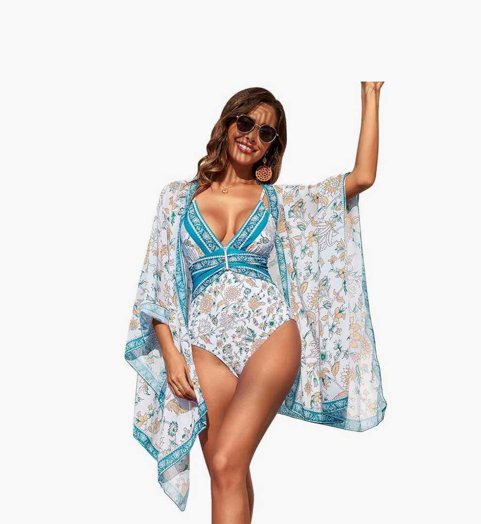ODIZLI Women's Floral Print One Piece Bikini Swimsuit with Cover-Up Beachwear Outfits.M.