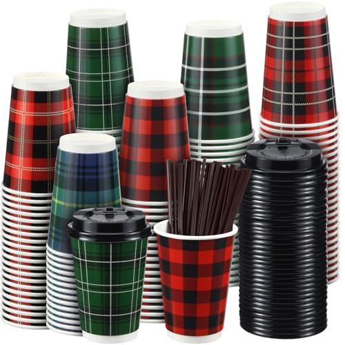 Yungyan 60 Pack 12 oz Christmas Hot Cups with Lids Buffalo Plaid Disposable Coffee Cups with Stirrers Stir Straws Disposable Paper Cups for Party Hot Cocoa Chocolate Cold Drinks Coffee Shops