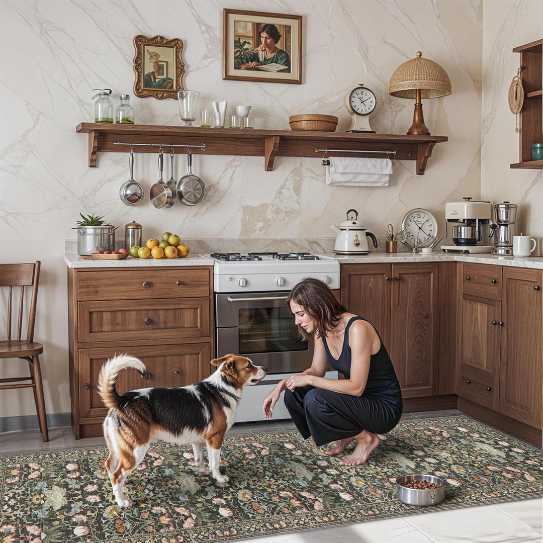 Washable 2x8 Hallway Runner Rug: Vintage Water-Resistant Kitchen Entryway Rug Ultra Soft Living Room Bedroom Carpet with Non Slip Backing Indoor Low Pile Floor Mat for Bathroom Dining Room(2x8,Green)