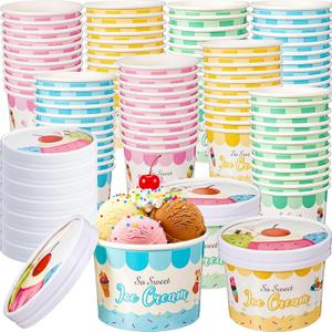 Jingmore 48 Pcs 12oz Paper Ice Cream Cups with Lids, Ice Cream Containers Disposable Sundae Dessert Bowls, Frozen Yogurt Containers Party Supplies for Hot and Cold Food, Salad, Fruit