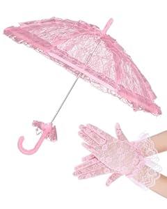 Solnique Mini White/ Pink Lace Parasol with Floral Gloves, Vintage Lace Umbrella for Wedding Decor, Tea Party & Photography Props