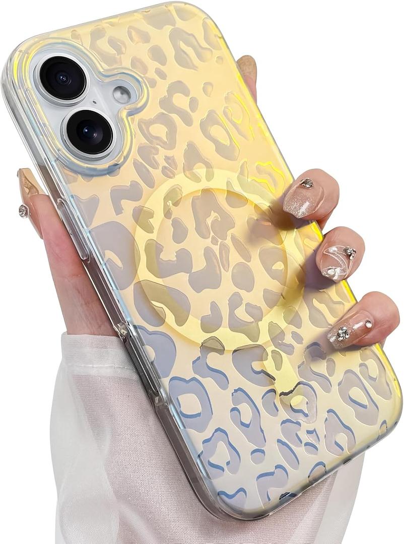Cute Case for iPhone 17 Case for Women Girls [ Compatible with Magsafe ] Translucent Gold Cheetah Print Pattern Design, Aesthetic Glitter Sparkly Bling Leopard Magnetic Phone Cover