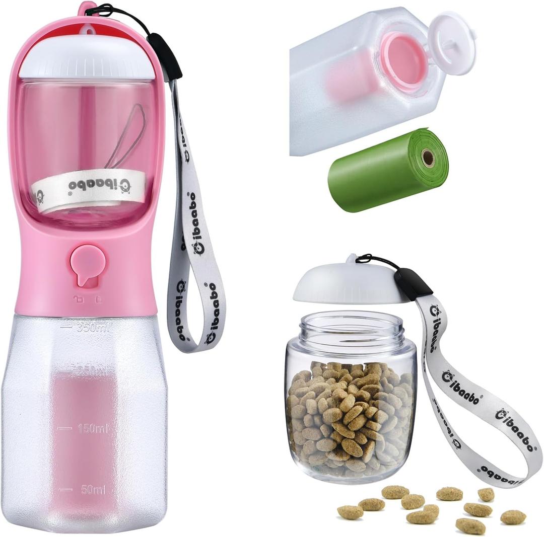 Dog Water Bottle with Food Container & Poop Bag Holder, Travel Water Bowl, Portable Pet Dispenser, Dog Gifts Stuff Accessories Items, Puppy Essentials for Yorkie Chihuahua Walking Hiking (12oz, #04 Pink)