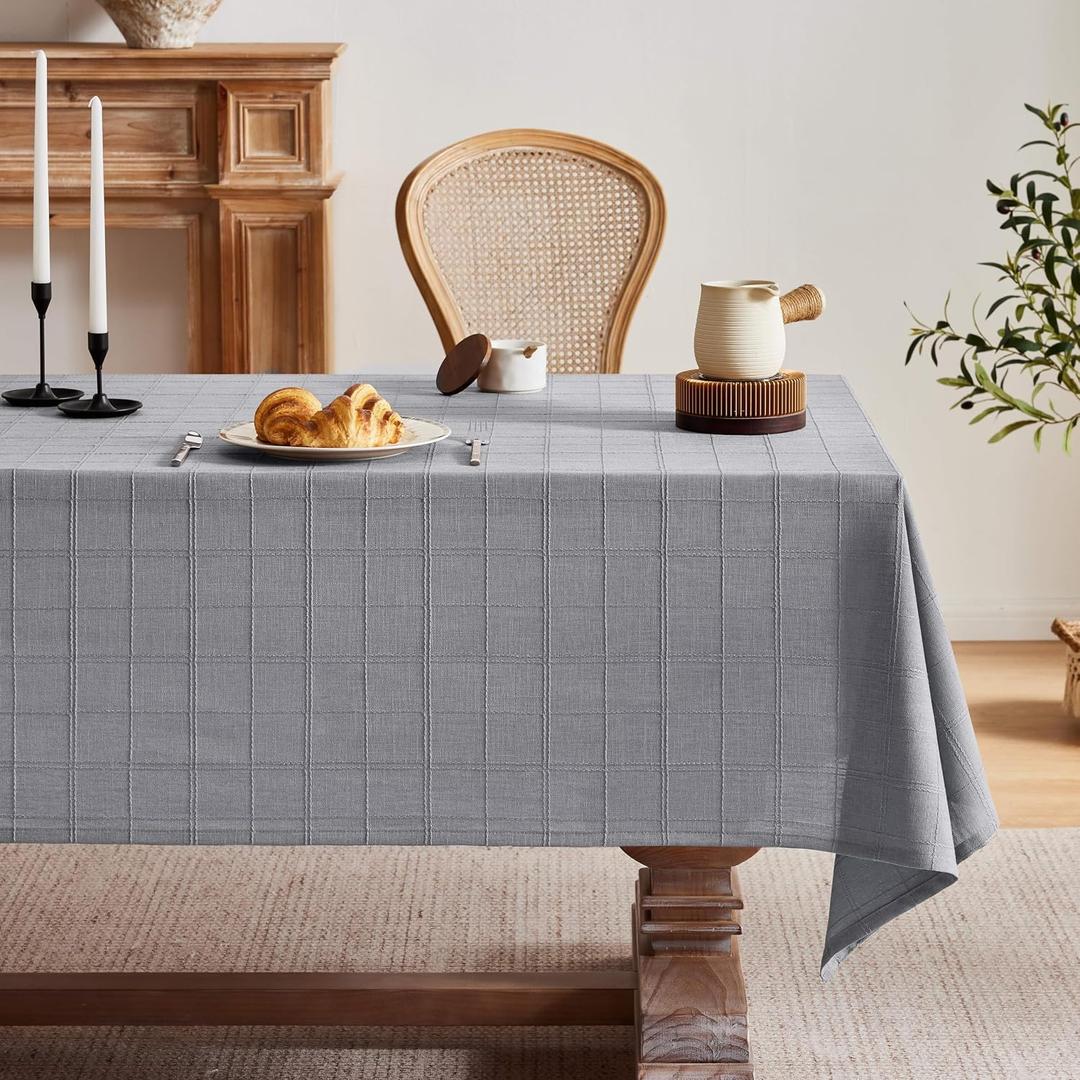 ZeeMart Linen Checked Table Cloth 52x52 Inches, Farmhouse Style Plaid Embroidered Water Resistant Square Table Cover, Blue Ashes