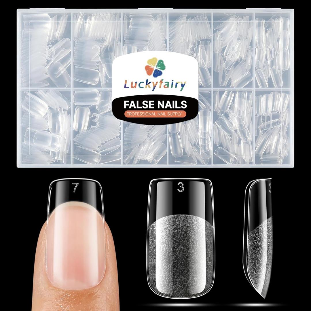 Short Square Nail Tips Full Cover 360pcs Pre-buff Short Square Fake Acrylic Nails Half Matte Clear False Nail Tips for Nail Extension DIY Gelly Tips, 12 Sizes Luckyfairy