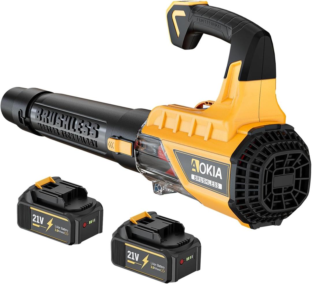 Aokia Leaf Blower, 21V Electric Cordless Blower with 2 3.0Ah Batteries and Charger - 580CFM/160MPH Powered Air Blower - Lightweight Leaf Blower for Lawn Care, Patio Cleaning, Blowing Leaves and Dust (Yellow)