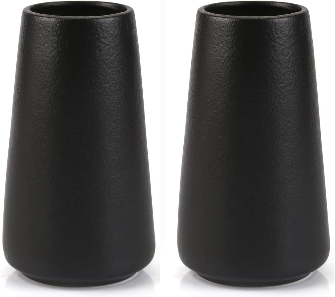 Simple Vase for Flowers Plants, Matte Vases for Modern Table Shelf Home Decor Wedding Boho Decor, 6" H Frosted Elegant Ceramic Vase for Pampas Grass Fluffy Stem Bouquet Lavender Flowers (Black, 2)