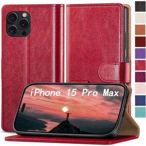 for iPhone 15 Pro Max 6.7" Phone case[RFID Blocking Leather],[3 Credit Card Slot] Flip Folio Book Shockproof Protector,Holder Stand Cases,Women Men for Apple 15 ProMax Wallet Cover,Red