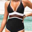 Daci Women's One Piece Swimsuits Tummy Control Neon Color Block Swimwear | Sexy Sheer Mesh, V Neck, Cross Back Design, Full Coverage, Removable Pads, Pool, Beach, Trip (Black, S)