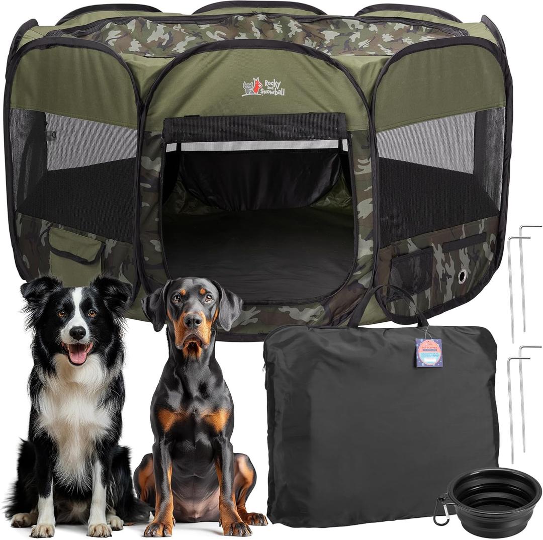 Rocky + Snowball Pop Up Playpen for Dogs - Puppy Dog Cats Rabbits Play Pen for Indoors or Outdoors - Portable Playpen with Carrying Case & Collapsible Bowl - Camo Print - XL