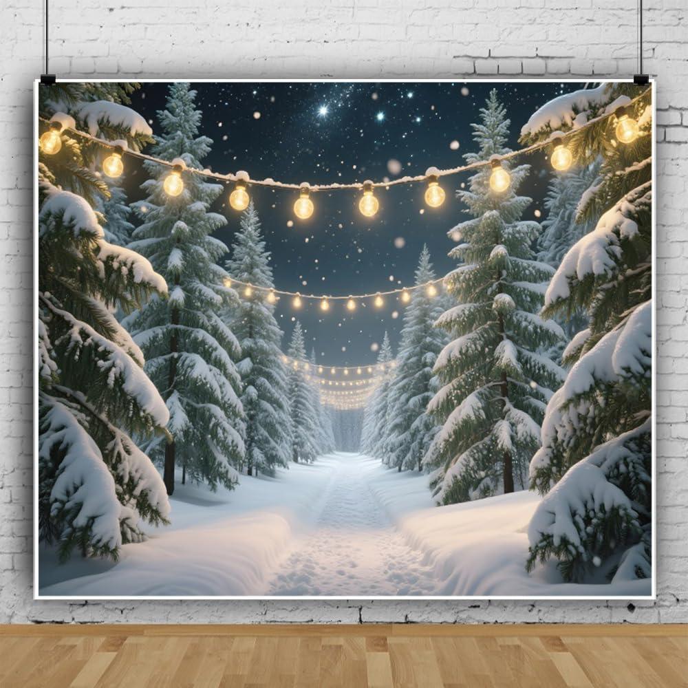 Winter Snowy Forest Backdrop 10x8ft Glitter Snow Pine Trees Winter Wonderland Backdrop for Photography Christmas Photo Props for Photoshoot Happy Holidays Xmas Decorations Backgrounds (Blue)