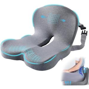 Ergonomic Seat Cushion with Adjustable Strap, Memory Foam Office Chair Seat Cushion with L-Shaped Design, Car Seat Cushion Fits for Truck Driver Semi Truck, Gaming Chair, Desk, Light Gray