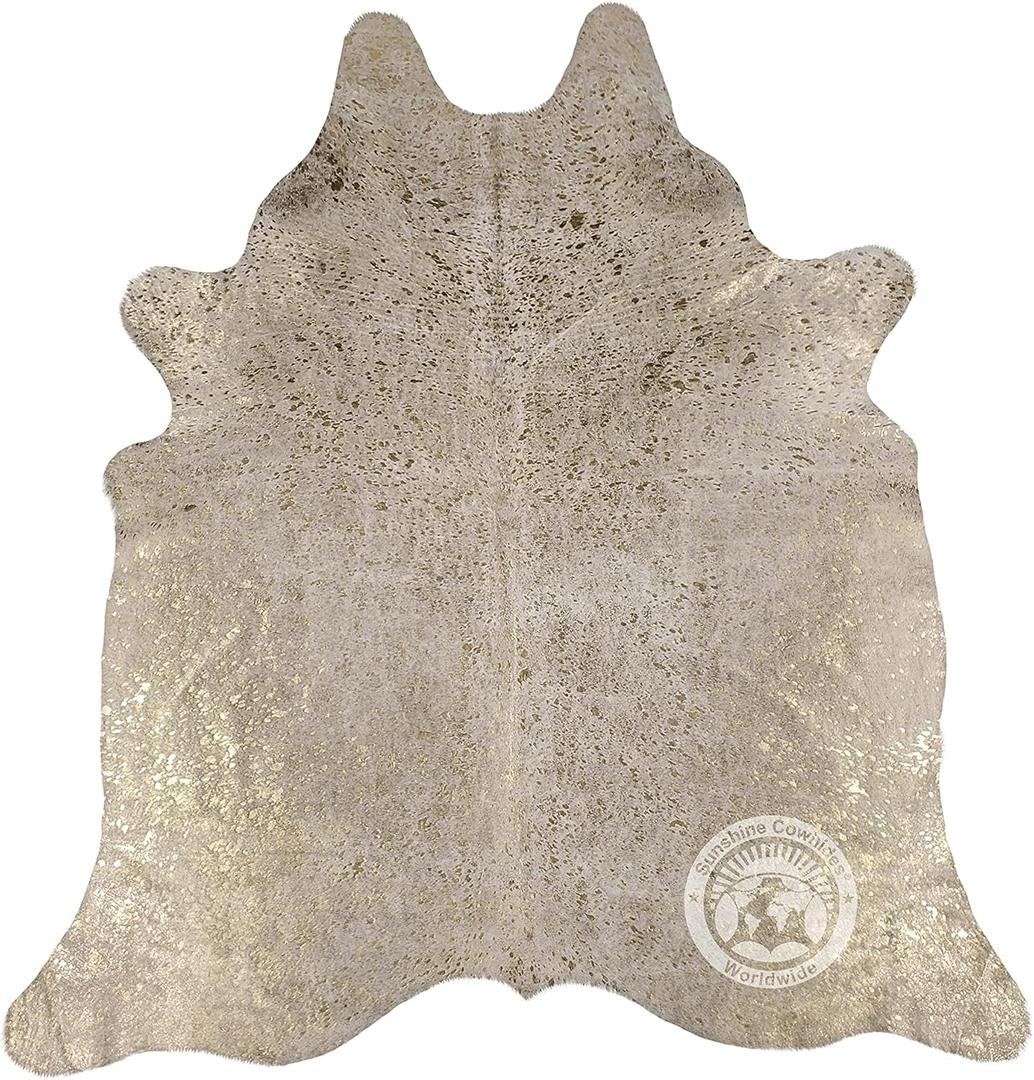 Sunshine Cowhides 100% Genuine Metallic Gold On Off White Cowhide Rug - Modern Style Animal Skin Rug & Floor Carpet for Living Room, Bedroom, Kitchen & More - Extra Large (6x7-8 Ft.)