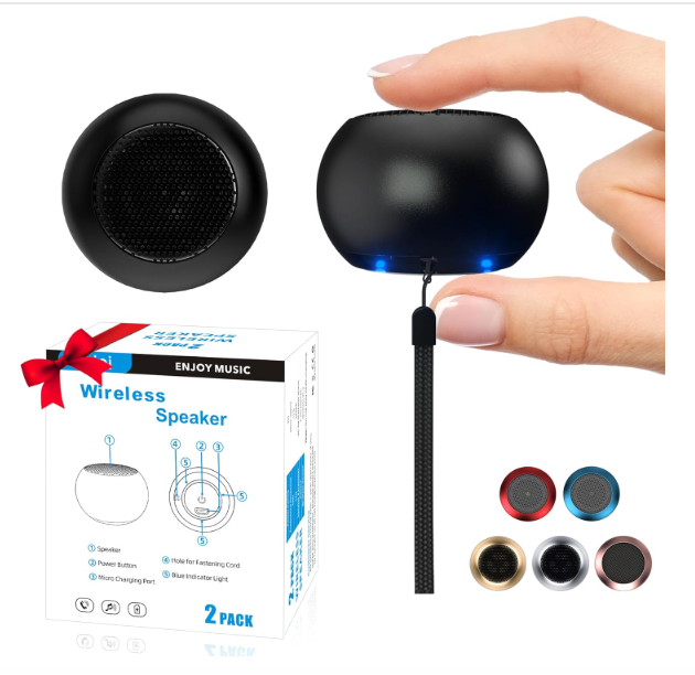 2Pack Portable Mini Speakers, Bluetooth Tiny Speakers,Wireless Micro Speaker for Phone/PC/Tablet, Rechargeable Battery, Built-in Microphone, Cute Mini Speaker with Strap to Carry, Black
