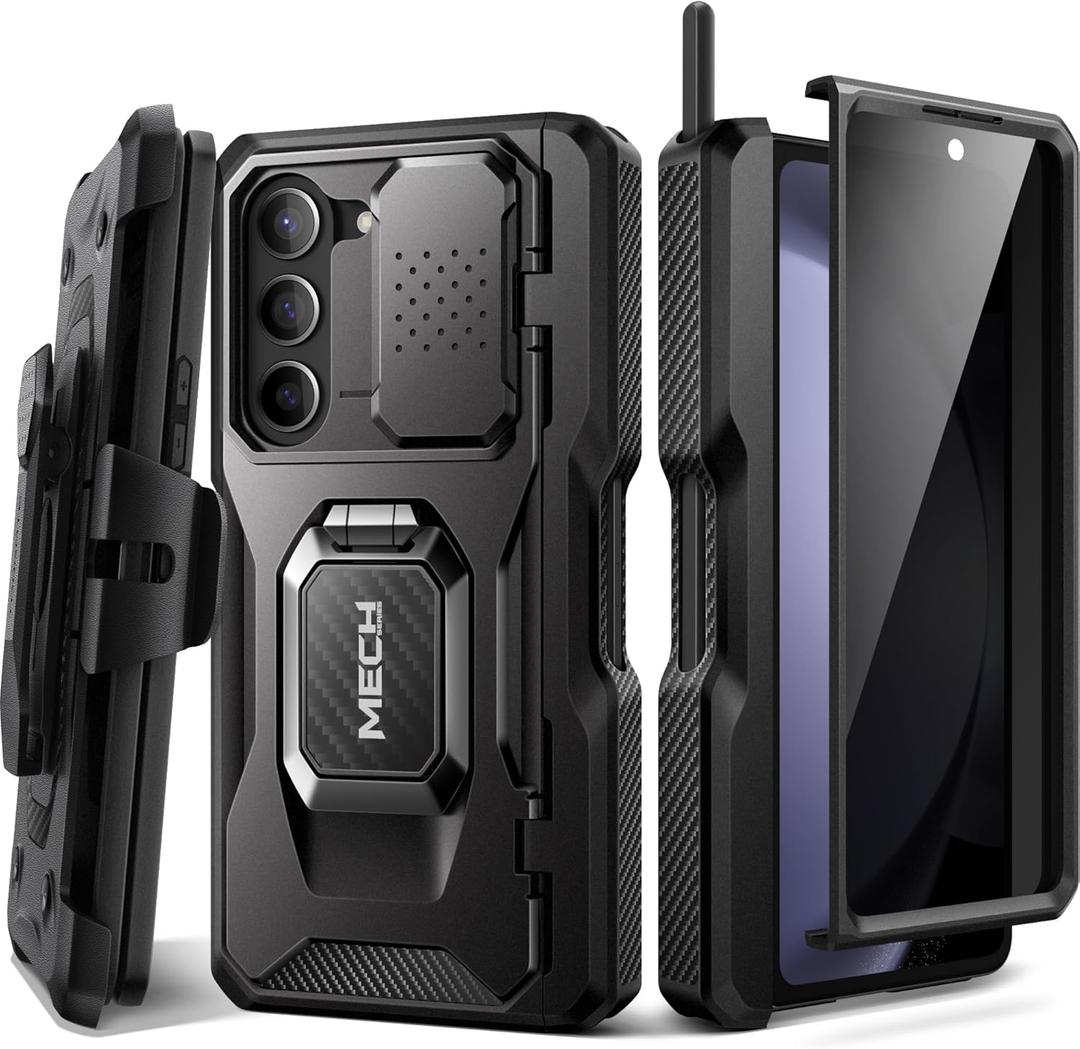 TONGATE for Z Fold 5 Case with Ring Stand, Built-in S Pen Holder & Glass Screen Protector Shockproof Rugged Z5 Phone Case with Slide Camera Cover& Belt Clip for Samsung Galaxy Z Fold 5, Privacy Black