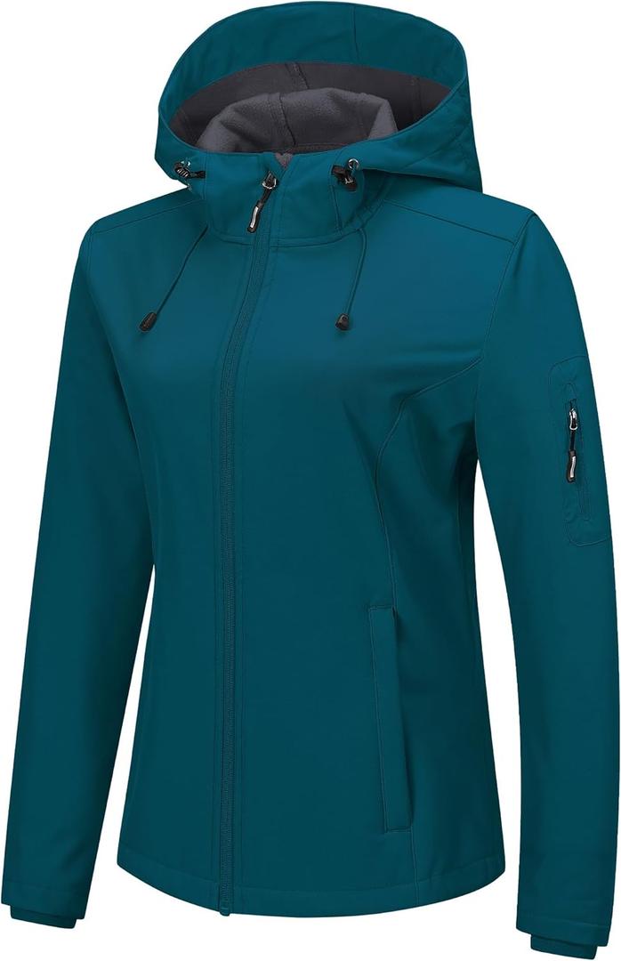 Outdoor Ventures Women's Softshell Jacket with Hood Fleece Lined Warm Lightweight Waterproof Insulated Windbreaker (Blue, XL)