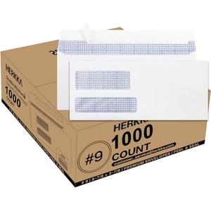 #9 Double Window Security Envelopes, HERKKA No.9 Double Window Business Envelopes Designed for Quickbooks Invoices and Business Statements - Number 9 Size 3 7/8 Inch X 8 7/8 Inch - 24 LB - 1000 Pack