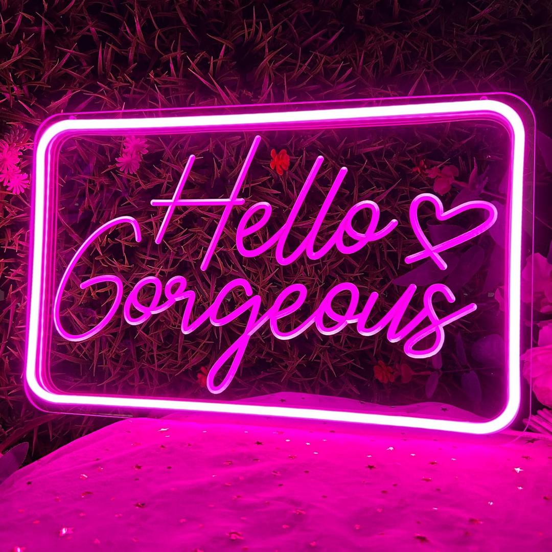Hello Gorgeous Neon Sign for Wall Decor, Hello Beautiful LED Neon Lights Party Decorations, for Bachelorette Party Birthday Engagement Party Wedding, USB Powered Adjustable Brightness 16X10 inch