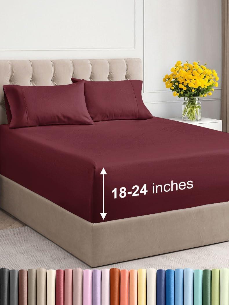 Extra Deep Pocket Queen Sheets - 4 Piece Breathable & Cooling Bed Sheets - Hotel Luxury Bed Sheet Set - Soft, Wrinkle Free & Comfy - Easily Fits Extra Deep Mattresses - Deep Pocket Burgundy Sheets Set