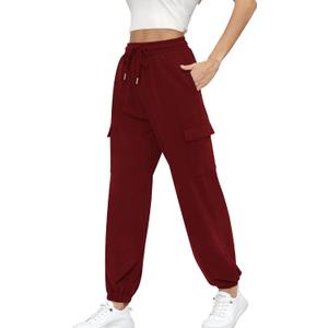 Missufe Women's Joggers Sweatpants Elastic High Waist Drawstring Cinch Bottom Casual Pants with Pockets (XX-Large, Wine Red)