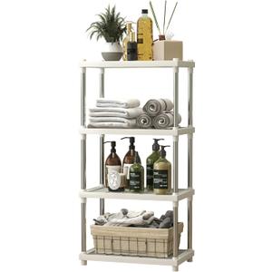 4 Tier White Plastic and Metal Freestanding Shelf Bathroom Organizer, Shelving Unit Storage Rack Organizer for Home, Garage, Basement, Shed and Laundry Room