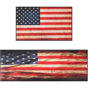Duraaamo 2 Pcs 4th of July Kitchen Rugs and Mats Mode Stars and Stripes Door Mats 17x29 and 17x49 Inch Independence Day Memorial Day Red White Blue Retro Floor Rugs for Patriotic Home Decor