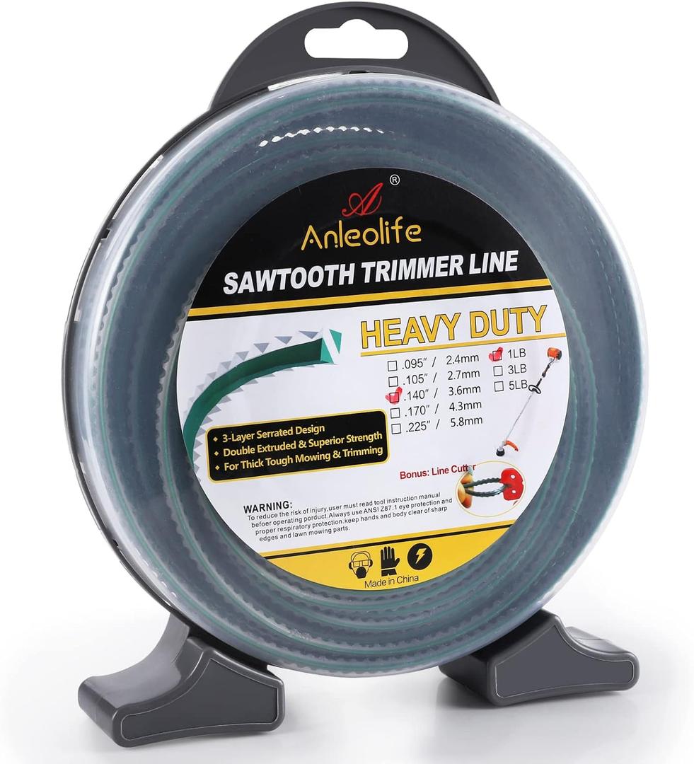 A Anleolife 1-Pound Heavy Duty Sawtooth 140-mil-by-108-ft Dual Core String Serrated Trimmer Line Donut for Walk Behind Wheeled Mowers with Built-in Line Cutter