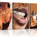 3Pcs Trendy Black Girl Canvas Wall Art Fashion African American Women Pictures Abstract Luxury Female Poster Prints Painting Wall Decor for Living Room Bedroom Bathroom 16x24in Framed