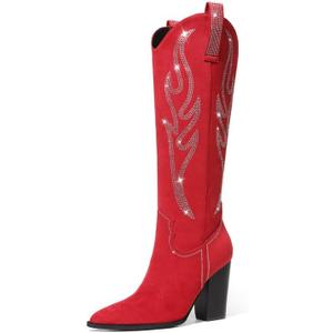Celbreez Cowboy Boots for Women Cowgirl Boots Women Suede Knee High Boots Rhinestones Embroidered Western Boots Pointed Toe Chunky Heel Side Zip Festival Country Concert Shoes (7)