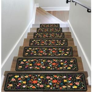 Floral Stair Treads for Wooden Steps, 13 Pack Black Stair Runners Non Slip Indoor 8" X 30", Washable Carpet Rugs with Silicone Backing for Kids Elders and Dogs
