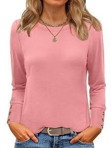 ANRABESS Long Sleeve Shirts for Women Crewneck Basic Tee Striped Tops 2026 Fall Casual Loose Fit T Shirts Fashion Outfits Coral Medium
