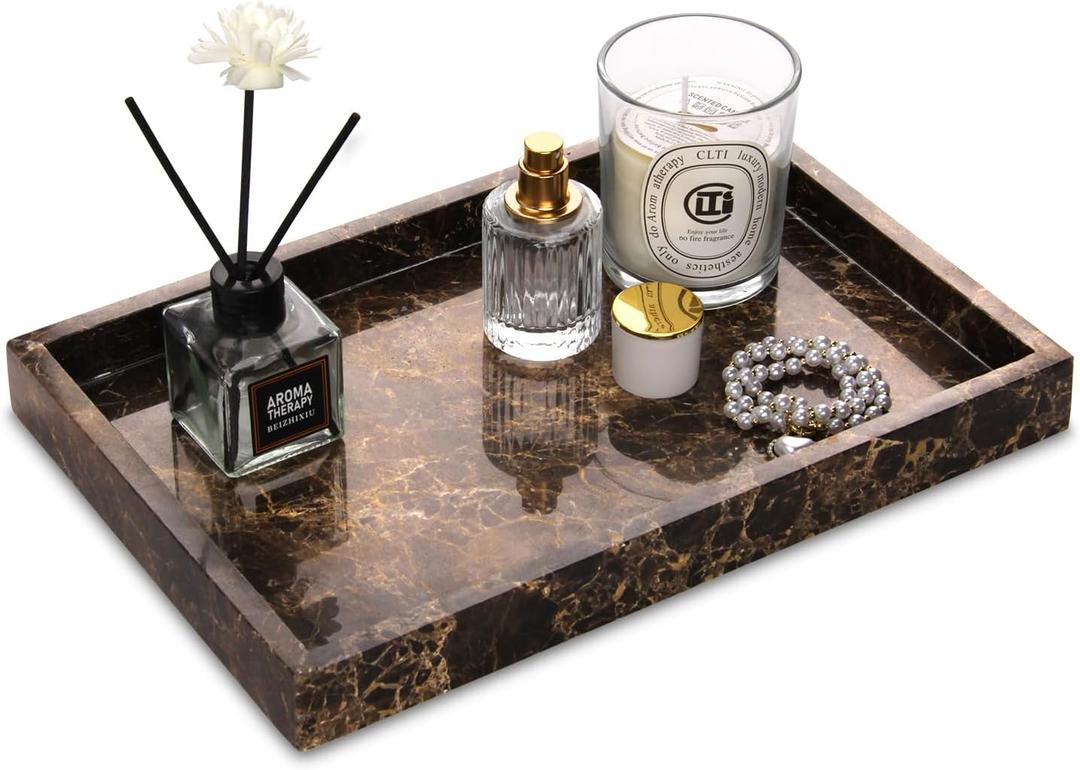 Marble Bathroom Vanity Tray, Natural Luxury Vanity Home Kitchen Bathroom Table Tray, Stone Decorative Countertop Dresser Trays for Key Coffee Perfume Jewelry Makeup (Dark Brown, 12"x 8" x1.2")