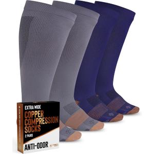 Doctor's Select Copper Plus Size Compression Socks Wide Calf - 2 Pairs | 20-30mmHg Extra Wide Calf Compression Sock Women | Wide Calf Compression Socks Women Plus Size | Copper Compression Sock Plus Size for Traveling & Running | Gray & Navy