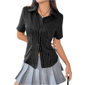 SweatyRocks Women's Striped Button Down Shirt Short Sleeve Collared Fitted Work Office Blouse Dressy Tops (Large, Black)