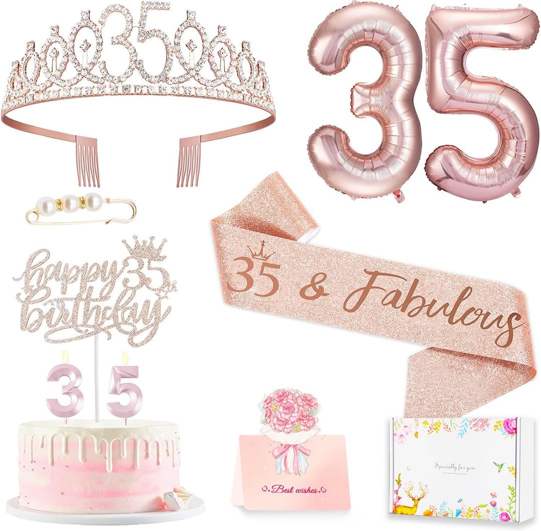 35th Birthday Decorations Gifts for Women, Including 35 year old Birthday Cake Topper, Queen Sash with Pearl Pin, Sweet Rhinestone Tiara Crown, Number Candles and Balloons Set, Rose Gold