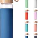 Yomious 20 Oz Borosilicate Glass Water Bottles with Silicone Sleeve BPA Free, Dishwasher Safe - Reusable Clear Glass Drinking with Leak Proof Bamboo Lid | Perfect Gym Water Bottles for Men & Women (Navy Blue)