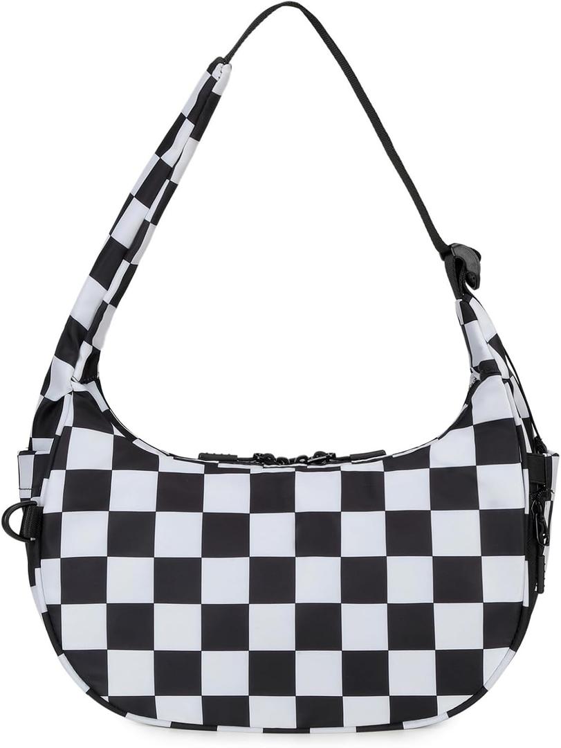 FODOKO Crescent Shoulder Bag for Women Checkered Purse Small Cute Clutch Hobo Handbags Nylon Quilted (Black)
