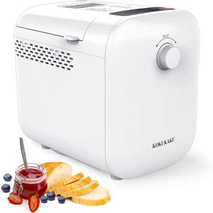KOKUKAKU 22-In-1 Compact Automatic Bread Maker Machine, 1LB/1.5LB Programmable 2 Loaf Sizes, 3 Crust Colors, Small Digital Home Bakery with Dough, Cake, Jam, Yogurt, Non-stick Pan, White