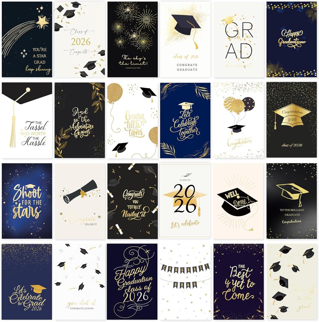 Graduation Cards 2026, 24 Pack Boxed 4"x6" Gold-Foil Graduation Cards with Self-Adhesive Envelopes, 24 Unique Designs Congratulations Grad for College & High School, No Repeat