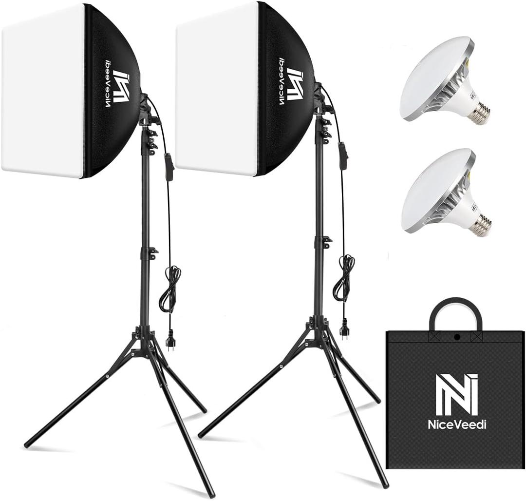 Softbox Lighting Kit, NiceVeedi 2-Pack 16'' x 16'' Softbox Photography Lighting Kit with 63 Tripod Stand & 5400K 450W Equivalent LED Bulb, Continuous Lighting for Photography/Video Record (50W(5400K)-2 Packs)