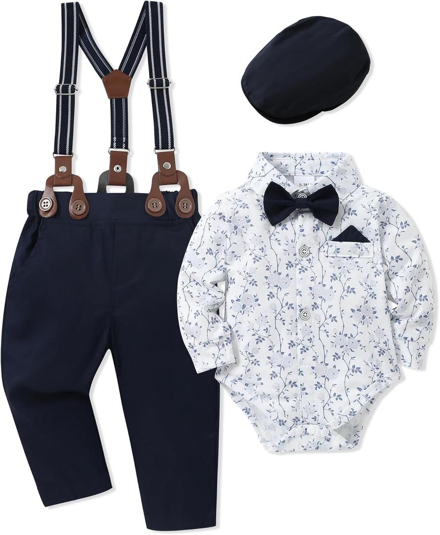 WESIDOM Baby Boy Clothes  Gentleman Outfit, Shirt+Bowtie+Beret+Suspender Pant Baby boy Suit Clothing Set (6-12 Months, Floral+Navy Blue)