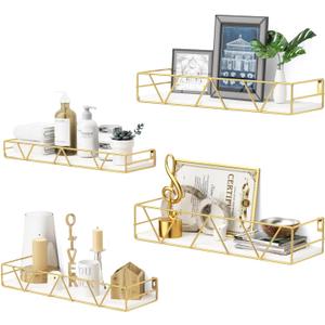 Floating Shelves Set of 3, Home Wood Wall Shelf, Farmhouse Shelf for Bedroom, Wall Mounted Floating Shelf for Living Room, Bedroom, Bathroom, Kitchen, Office (Gold-4pcs)