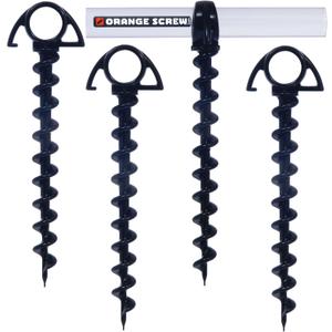 Orange Screw Ultimate Ground Anchors: Heavy Duty Screw-in Tent Stakes for High Wind, Sand, Canopies, and Camping - Made in USA, 100% Recycled, Included T-Grip Tool - (Small, 4 Pack) (Black)
