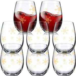 Umigy 8 Pcs Christmas Glasses Xmas Stemless Glass Christmas 15 oz Snowflake Winter Let It Snow Leaf Berry Glasses for Party Friend Family Holiday Birthday Decoration(Snowflake) (Gold)