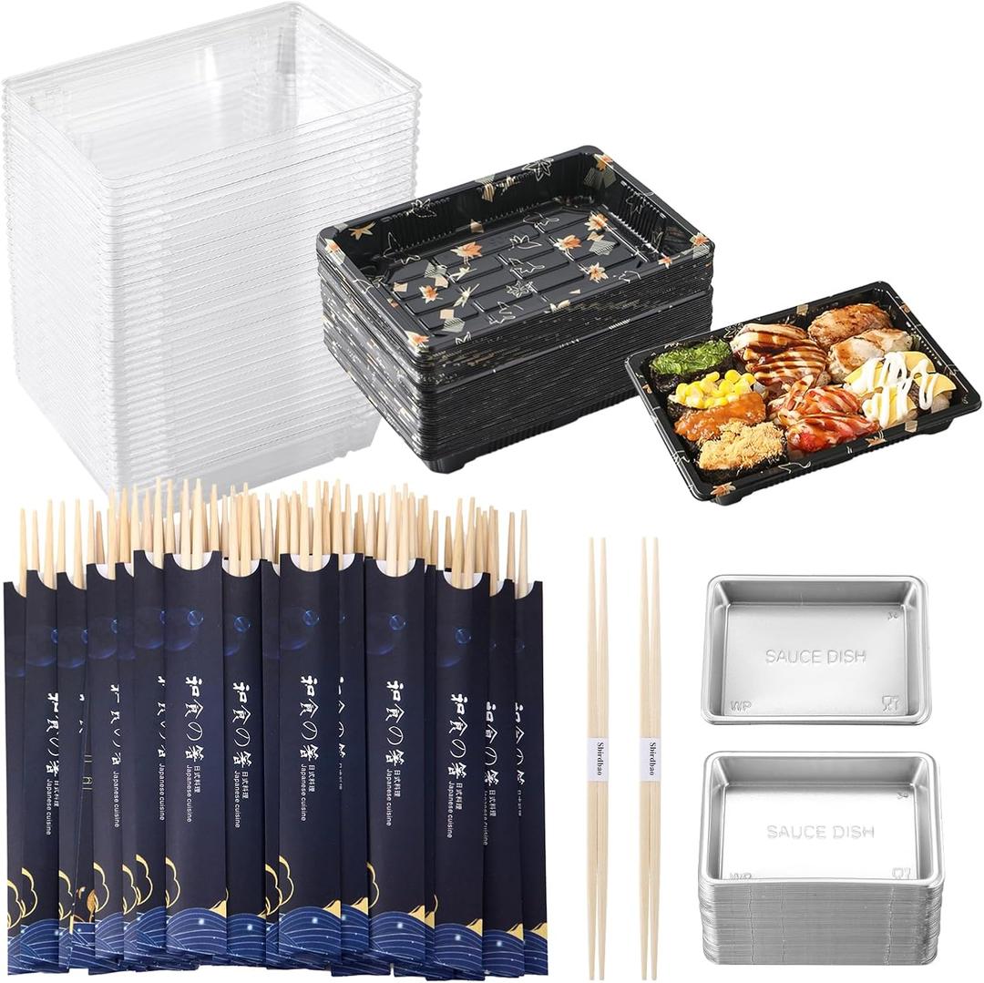 Disposable Dinnerware Set for 50pcs Sushi Trays Containers with Lids 7.3x 5.1 Inch Disposable Sushi Take Out Boxes, 50 Pairs Japanese Bamboo Chopsticks, 100pcs Soy Sauce Dishes
