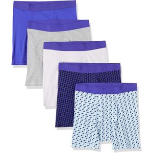 Amazon Essentials Men's Breathable Cotton Underwear Boxer Briefs, Tag-Free, Pack of 5, Black Rugby Print/Grey Heather/Royal Blue/Sky Blue Mixed Print/White, Large