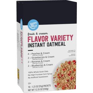 Amazon Brand - Happy Belly Instant Oatmeal, Fruit & Cream Variety Pack, 1.23 ounce (Pack of 10) BB 6/17/26