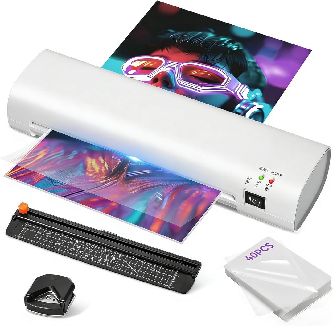 9 Inch Portable Laminator Machine with Anti-Jam Tech, All-in-One A4 Thermal Laminator w/Trimmer & Corner Rounder for Home, Office, School, Business, 40 Sheets IncludedMatte White
