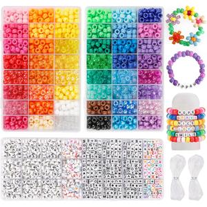Quefe 3960pcs Pony Beads for Friendship Bracelet Making Kit 48 Colors Kandi Beads Set, 2400pcs Plastic Rainbow Bulk and 1560pcs Letter Beads with 20 Meter Elastic Threads for Craft Jewelry Necklace